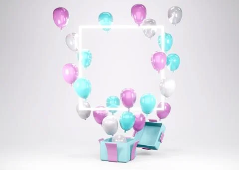 3D Rendering pink blue balloon floating from gift box with space for text o.. Stock Illustration