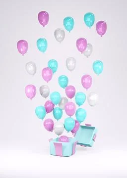 3D Rendering pink blue balloon floating from gift box on background concept.. Stock Photos