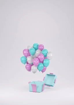 3D Rendering pink blue balloon floating from gift box on background concept.. Stock Photos