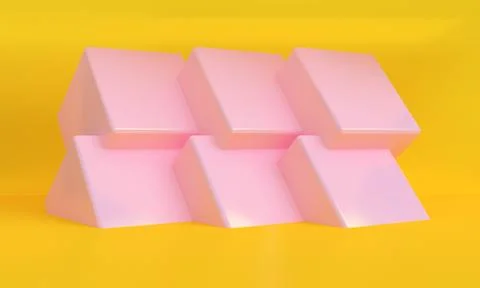 3d rendering pink box podium minimal yellow wall scene. Concept : poster, adv Stock Illustration