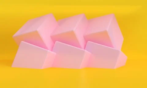 3d rendering pink box podium minimal yellow wall scene. Concept : poster, adv Stock Illustration