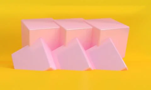 3d rendering pink box podium minimal yellow wall scene. Concept : poster, adv Stock Illustration