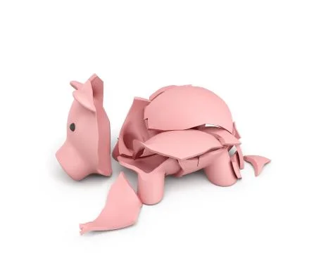 3d rendering of a pink ceramic piggy bank completely broken up into several Stock Illustration