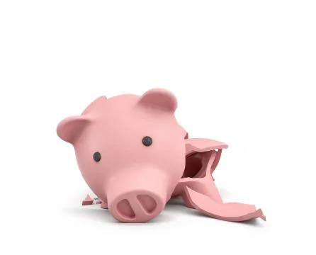3d rendering of a pink ceramic piggy bank completely broken up into several Stock Illustration
