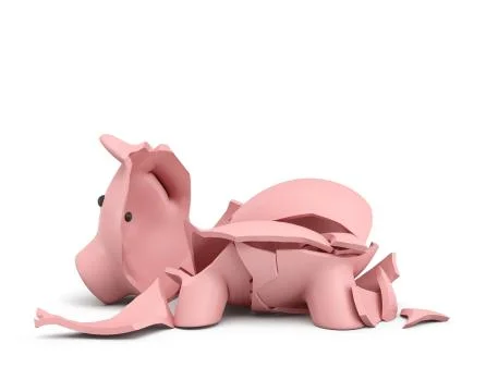 3d rendering of a pink ceramic piggy bank completely broken up into several Stock Illustration