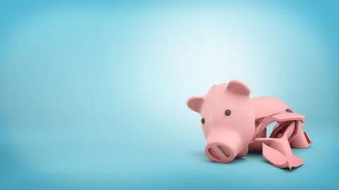 3d rendering of a pink ceramic piggy bank completely broken up into several Stock Illustration