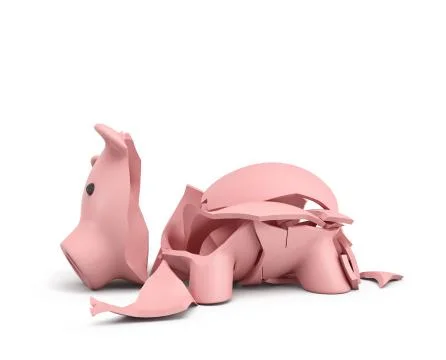 3d rendering of a pink ceramic piggy bank completely broken up into several Stock Illustration