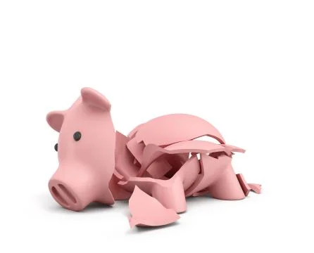 3d rendering of a pink ceramic piggy bank completely broken up into several Stock Illustration