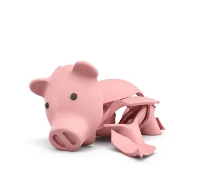 3d rendering of a pink ceramic piggy bank completely broken up into several Stock Illustration