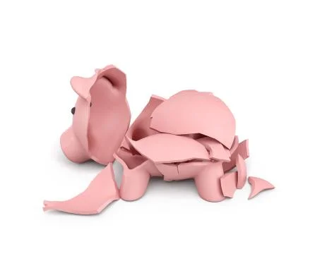 3d rendering of a pink ceramic piggy bank completely broken up into several Stock Illustration