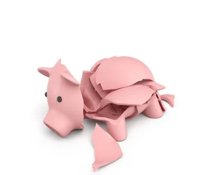 3d rendering of a pink ceramic piggy bank completely broken up into several Stock Illustration