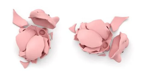 3d rendering of a pink ceramic piggy bank completely broken up into several Stock Illustration