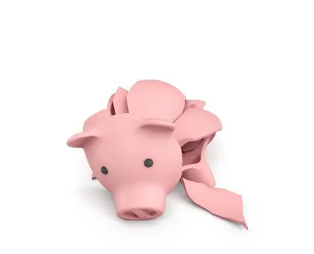 3d rendering of a pink ceramic piggy bank completely broken up into several Stock Illustration