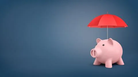 3d rendering of a pink ceramic piggy bank stands under a small red umbrella on Stock Illustration
