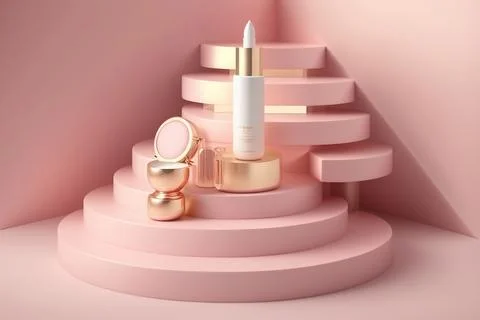 A 3D rendering of a pink display with a makeup brush and a makeup tools Illustrazione stock