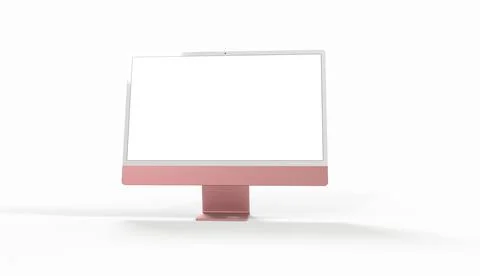3D rendering of a pink flat computer screen with a camera isolated on a white Illustrazione stock