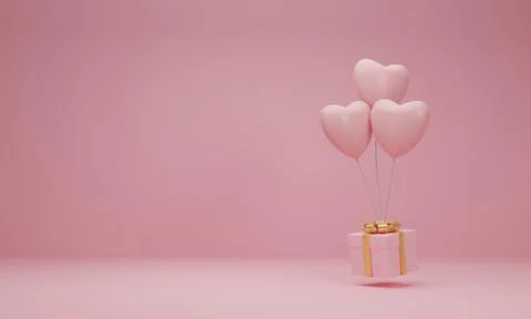 3d rendering. Pink gift box with golden ribbon and balloon heart on pastel pi Stock Photos