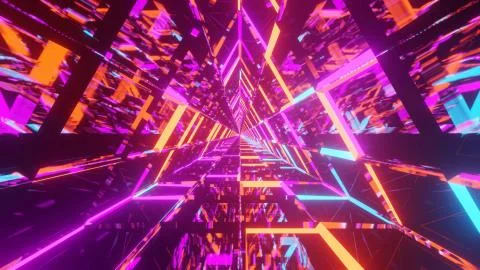 A 3D rendering of pink, light blue, and orange lights forming a triangle - fu Stock Illustration