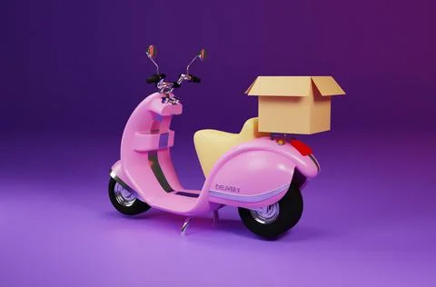 3D Rendering pink motor scooter with box in purple background for delivery order イラスト素材
