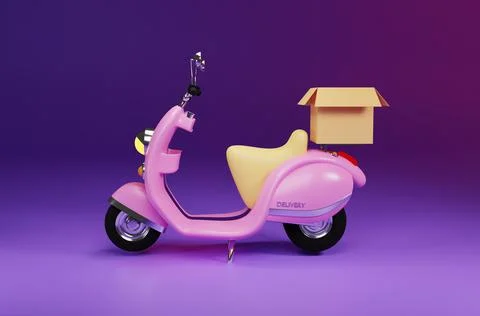3D Rendering pink motor scooter with box in purple background for delivery order イラスト素材