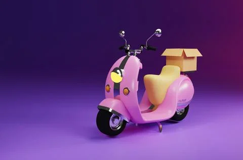 3D Rendering pink motor scooter with box in purple background for delivery order イラスト素材