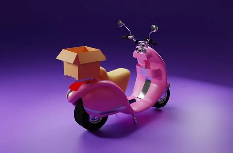 3D Rendering pink motor scooter with box in purple background for delivery order イラスト素材