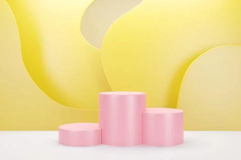 3d rendering of pink podium with yellow cloud pastel color background for pro Stock Illustration