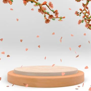 3d rendering Pink round display podium, spring flowers, leaves icon. 3d render 스톡 일러스트