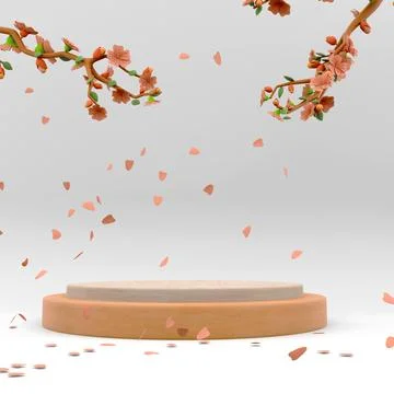 3d rendering Pink round display podium, spring flowers, leaves icon. 3d render 스톡 일러스트