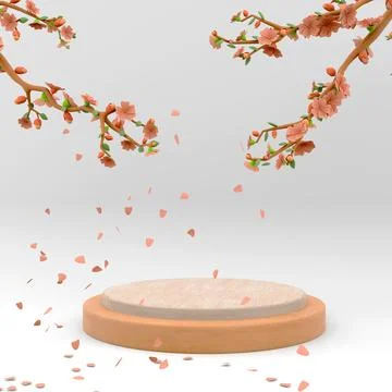 3d rendering Pink round display podium, spring flowers, leaves icon. 3d render Stock-Illustration