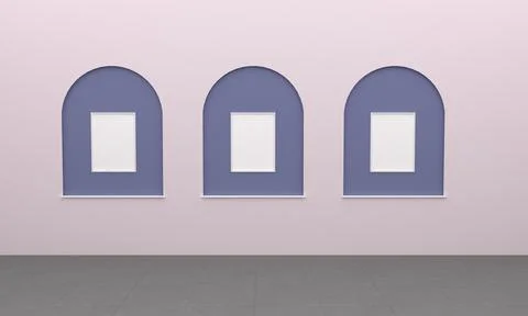 A 3D rendering of a pink wall with purple details and  empty frames for your  Stock Illustration