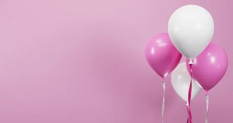 3D rendering pink white balloons with ribbons blank pink background Stock-Illustration