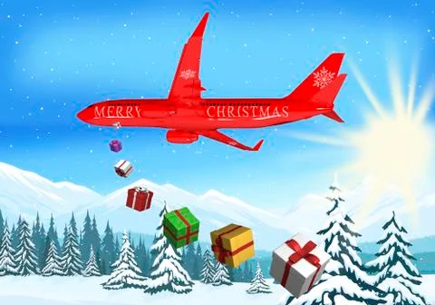 3D rendering The plane throws out New Year's gifts Stock Illustration