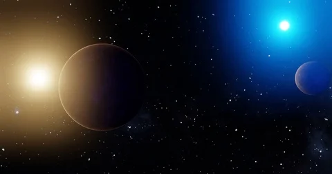 3d rendering of a planet and moon in a binary star system Vídeo Stock 116155826