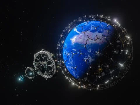A 3D rendering of Planet Earth - a low latency, broadband internet system to  Illustrazione stock