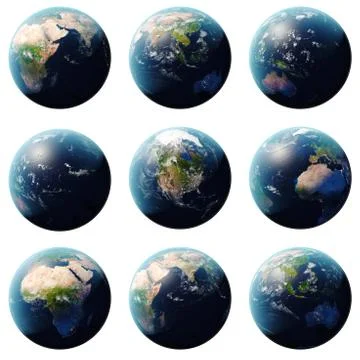 3D rendering Planet Earth set, globe from different angles, Set Earth isolated Stock Illustration