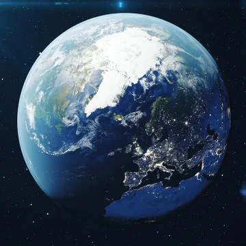 3D Rendering Planet earth from the space at night. The World Globe from Space in Stock Illustration