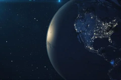 3D Rendering Planet earth from the space at night. The World Globe from Space in Stock Illustration