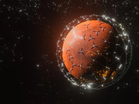 A 3D rendering of Planet Mars - a low latency, broadband internet system to m Illustrazione stock