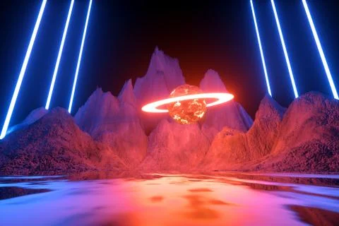 3D rendering of planet ring on a modern neon abstract background Illustrazione stock