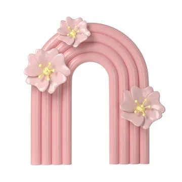 3d rendering of plaster pink molds arch with flower. Minimalistic spring display Illustrazione stock