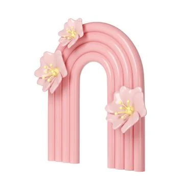 3d rendering of plaster pink molds arch with flower. Minimalistic spring display Illustrazione stock