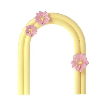 3d rendering of plaster yellow molds arch with pink flower. Minimalistic spring 스톡 일러스트