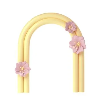 3d rendering of plaster yellow molds arch with pink flower. Minimalistic spring 스톡 일러스트