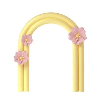 3d rendering of plaster yellow molds arch with pink flower. Minimalistic spring Illustrazione stock