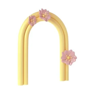 3d rendering of plaster yellow molds arch with pink flower. Minimalistic spring Stock-Illustration