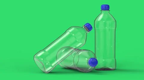 3d rendering plastic bottles on green background. Ecology problem image Illustrazione stock