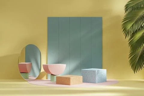 3D rendering platform podium with palm tree product presentation background Illustrazione stock