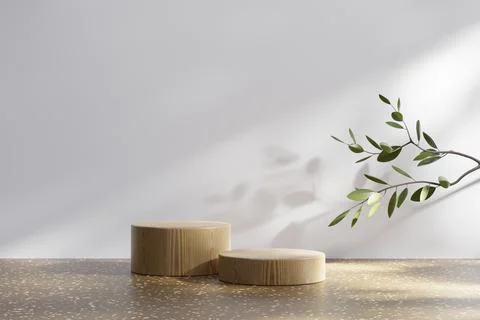 3D rendering platform podium with palm tree product presentation background Stock Photos