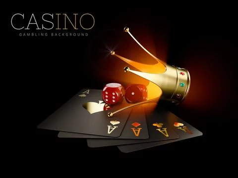 3d Rendering of Play cards with Red dice and gold crown, casino background... Stock Illustration